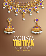 Promotion banner for Indian festival Akshya Tritiya. Gorgeous gold necklace and earrings with pearls, blue gems and diamonds on silk background. Vector illustration.