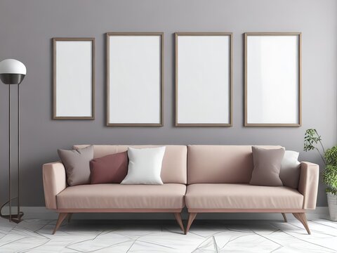Interior of modern living room with empty white picture frames on wall. Generative AI.