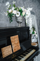 black piano in the interior. High quality photo