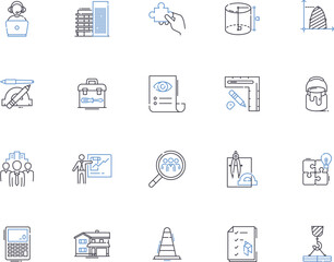 Engineering outline icons collection. Engineering, Design, Construct, Create, Develop, Assemble, Invent vector and illustration concept set. Analyze, Manufacture, Program linear signs
