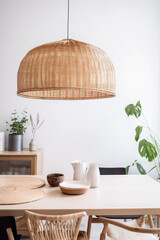 dining beige decor table kitchen furniture rattan lamp style room. Generative AI.
