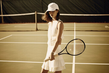 A woman in a white dress is holding a tennis racket. AI generation