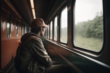 A man sits on a train looking out the window. AI generation