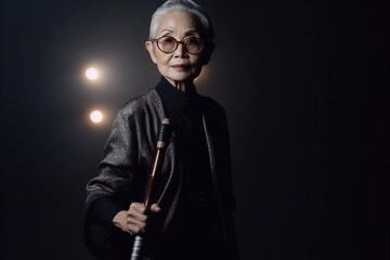 A woman with glasses and a cane stands in a dark room. AI generation