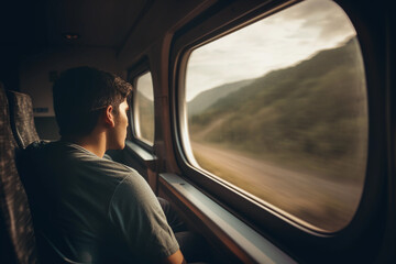 A man sits in a train looking out the window. AI generation