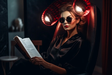 A woman sits in a chair reading a book with a lamp on the top. AI generation