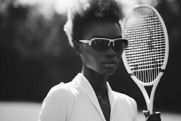 A woman wearing sunglasses holds a racquet in a park. AI generation