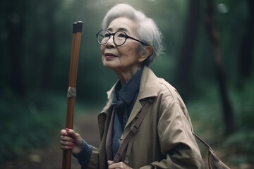 A woman with glasses and a cane walks through a forest. AI generation
