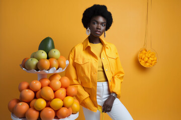 African woman with fruits on yellow background