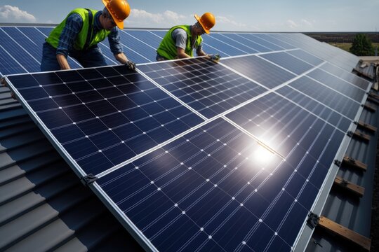 Man worker installing solar photovoltaic panels on roof. Generative AI