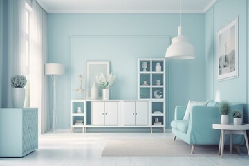 Interior of the room in plain monochrome pastel blue color with furnitures and room accessories. Light background with copy space. 3D rendering for web page, presentation or picture. Generative AI