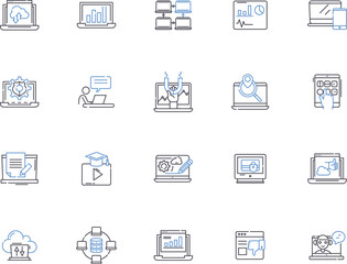 Laptop notebook outline icons collection. laptop, notebook, computer, portable, lightweight, slim, performance vector and illustration concept set. processor, RAM, storage linear signs