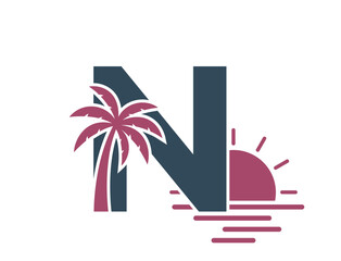 letter n with palm tree, sea and sun. vacation alphabet logo. summer and exotic tourism design