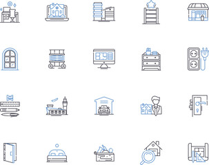 Household outline icons collection. Home, Furnishing, Appliances, Cleaning, Decor, Storage, Electronics vector and illustration concept set. Plumbing, Equipment, Lighting linear signs