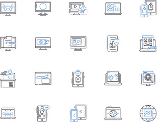 Internet marketing outline icons collection. Search, Optimization, Ads, Social, Analytics, SEO, Online vector and illustration concept set. Display, Promotions, Clicks linear signs