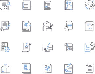 Certification outline icons collection. Certificate, Accreditation, Qualification, Designation, Endorsement, Validation, Authentication vector and illustration concept set. Licensing, Registration