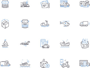 Shipping outline icons collection. Transportation, Cargo, Delivery, Movement, Mail, Ocean, Air vector and illustration concept set. Logistics, Parcel, Services linear signs