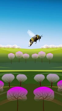 Vertical animation postcard. A bumblebee flies against a blue sky over green hills and colorful trees. Cartoon.