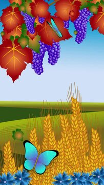 Vertical animation postcard. Two blue butterflies sit on grape autumn leaves, ripe ears of wheat. Blue flowers. Blue sky. Cartoon.