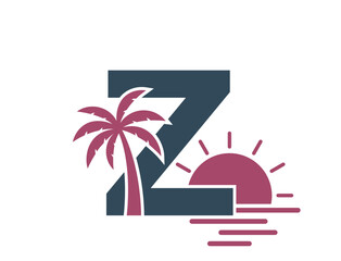 Fototapeta premium letter z with palm tree, sea and sun. vacation and resort text logo. summer and exotic tourism design