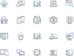 Electronics outline icons collection. electronics, gadgets, TVs, phones, computers, laptops, tablettes vector and illustration concept set. screens, cameras, audio linear signs