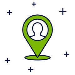 Filled outline Map marker with a silhouette of a person icon isolated on white background. GPS location symbol. Vector