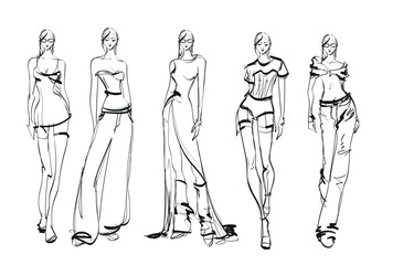 Set of young beautiful women in stylish clothes. Fashion sketch. - 592918578