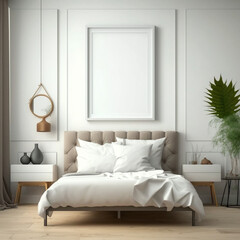 Fototapeta na wymiar Mockup frame in modern bedroom interior background, Generative AI 