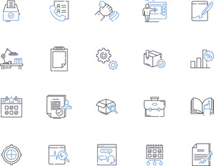 Business office outline icons collection. Office, Business, Building, Desk, Suite, Chair, Computer vector and illustration concept set. Furniture, Printer, Meeting linear signs