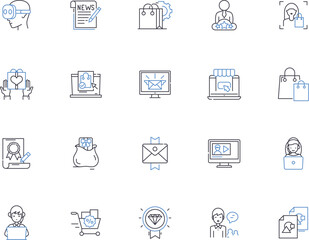 Advertising outline icons collection. Promotion, Branding, Publicity, Media, Placement, Campaign, Reach vector and illustration concept set. Audience, Visibility, Exposure linear signs