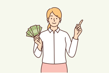 Woman with banknotes of cash in hands offering to attend training seminar by business trainer 