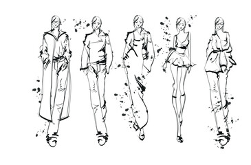 Set of young beautiful women in stylish clothes. Fashion sketch.