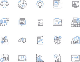 Analysis outline icons collection. Examine, Analyze, Investigate, Study, Evaluate, Scrutinize, Interpret vector and illustration concept set. Inspect, Explore, Breakdown linear signs