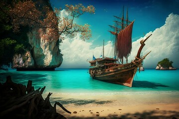Obraz premium Exotic Beach View and Traditional Ship in Thailand's Ocean Landscape. Generative AI