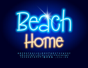 Vector Glowing Emblem Beach House. Neon Blue Font. Artistic Alphabet Letters and Numbers set
