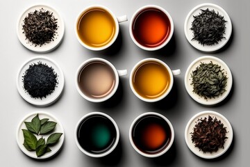 Assortment of Premium Black, Red, and Green Tea, Chinese Oolong Tea with Ginseng, and Brewed Tea in a Cup. Various Tea Varieties in a Shop on a White Background, Top View. Generative AI