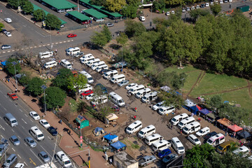 Fototapeta na wymiar A drone view of a busy taxi rank in the city of Pietermariztburg, Kwazulu-Natal.