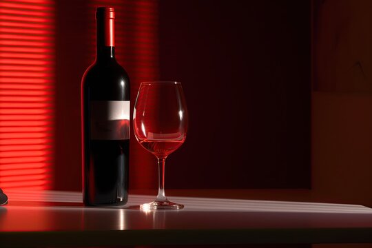 a glass of red wine and a bottle on the table, generative AI, AI, created with AI