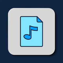 Filled outline MP3 file document. Download mp3 button icon isolated on blue background. Mp3 music format sign. MP3 file symbol. Vector