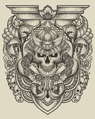 Vector illustration. scary samurai head skull with vintage engraving ornament style perfect for your business and T shirt merchandise