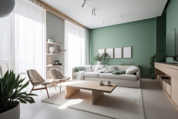 Fototapeta na wymiar Modern living room, clean Scandinavian design, primary colors green and white, generative AI