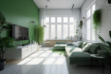 Modern living room, clean Scandinavian design, primary colors green and white, generative AI