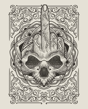 Illustration of Fuck finger skull with vintage engraving ornament in back perfect for your business and Merchandise