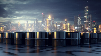 Fototapeta na wymiar Oil Barrels on the background of the stock market city background