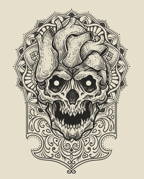 Illustration of heart skull with vintage engraving ornament in back perfect for your business and Merchandise