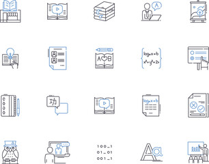 Homework outline icons collection. Exercise, Assignment, Task, Study, Quiz, Projects, Research vector and illustration concept set. Writing, Papers, Practice linear signs
