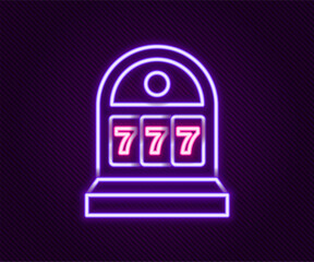 Glowing neon line Slot machine with lucky sevens jackpot icon isolated on black background. Colorful outline concept. Vector