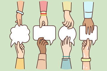 Hands of people with dialogue bubbles symbolizes negotiations with aim of making joint decision
