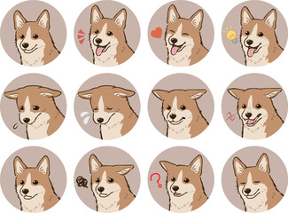 コーギーの表情アイコンセット（レッドホワイト）