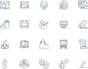 Fototapeta premium Freelance outline icons collection. Freelancer, Independent, Contractor, Outsourcing, Self-Employed, Gig, Remote vector and illustration concept set. Flexible, Virtual, Work-from-Home linear signs